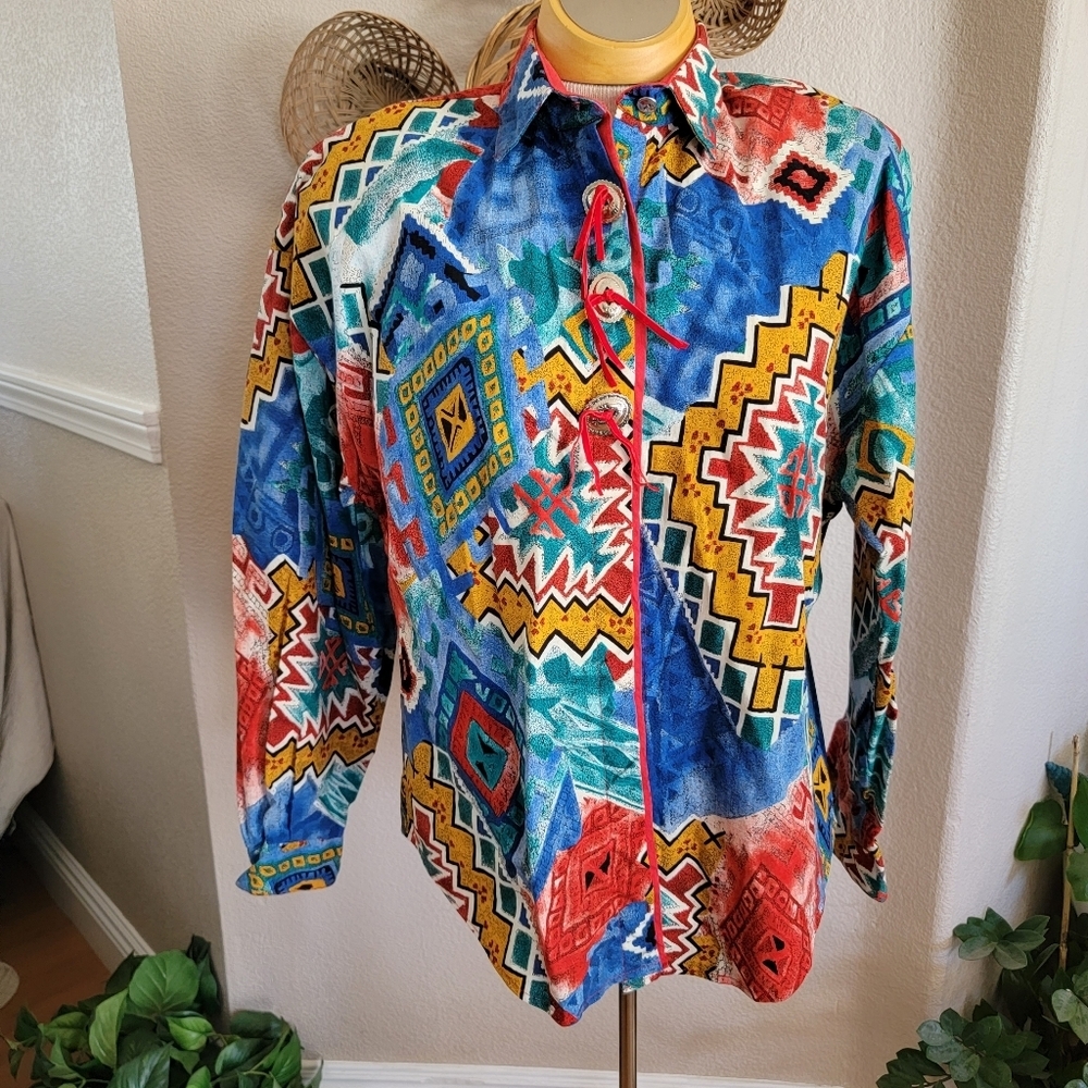 Vintage Western Circle T LS Shirt SZ L Bright Multi-Color
